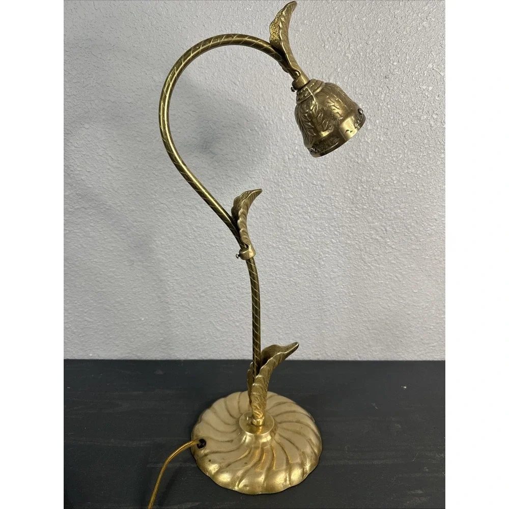Vintage Brass Casted Metal Gooseneck Electric Table Lamp Leaves Leaf Design 19